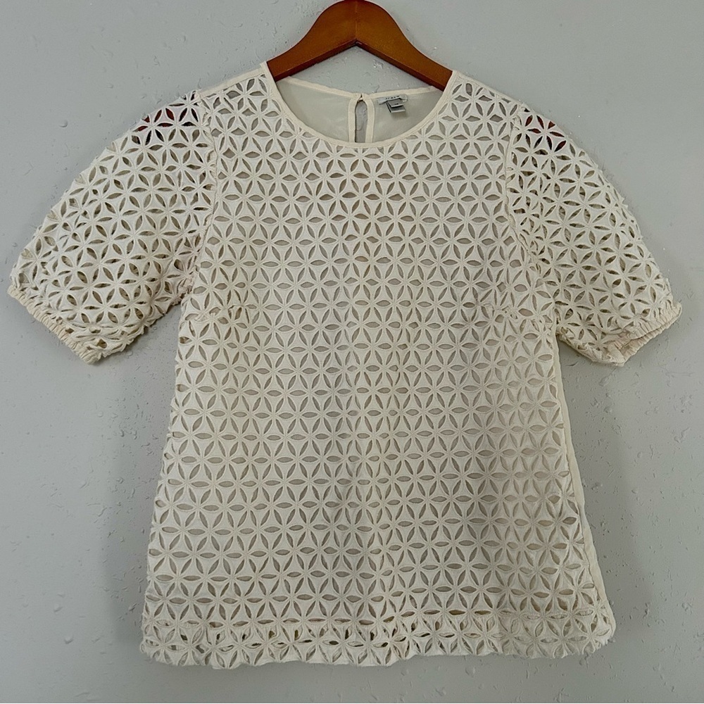 🦋 J. Crew Cream Eyelet Short Sleeve Silk Blouse XS Neutral Minimalist Classic